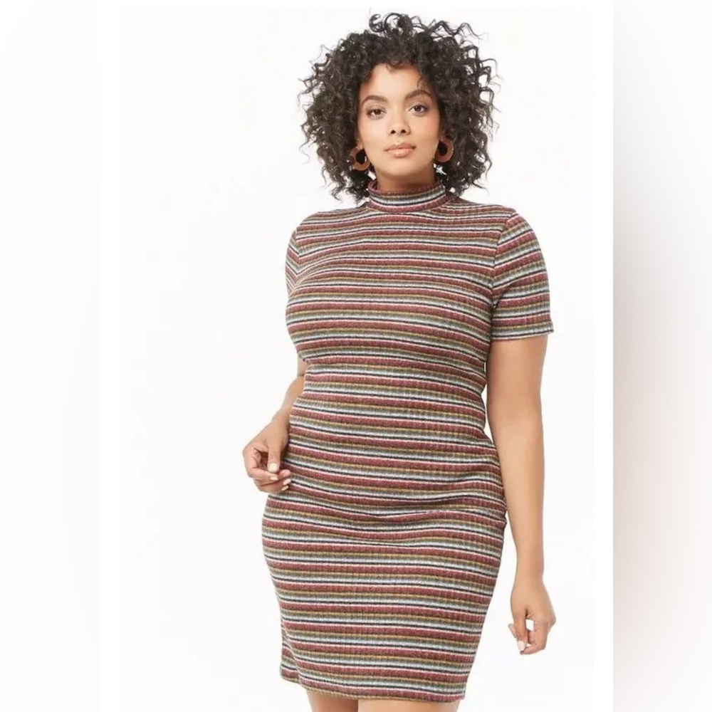 Forever 21 3X Multicolor Fitted Mock Neck Stripped Fall Sweater Dress Casual